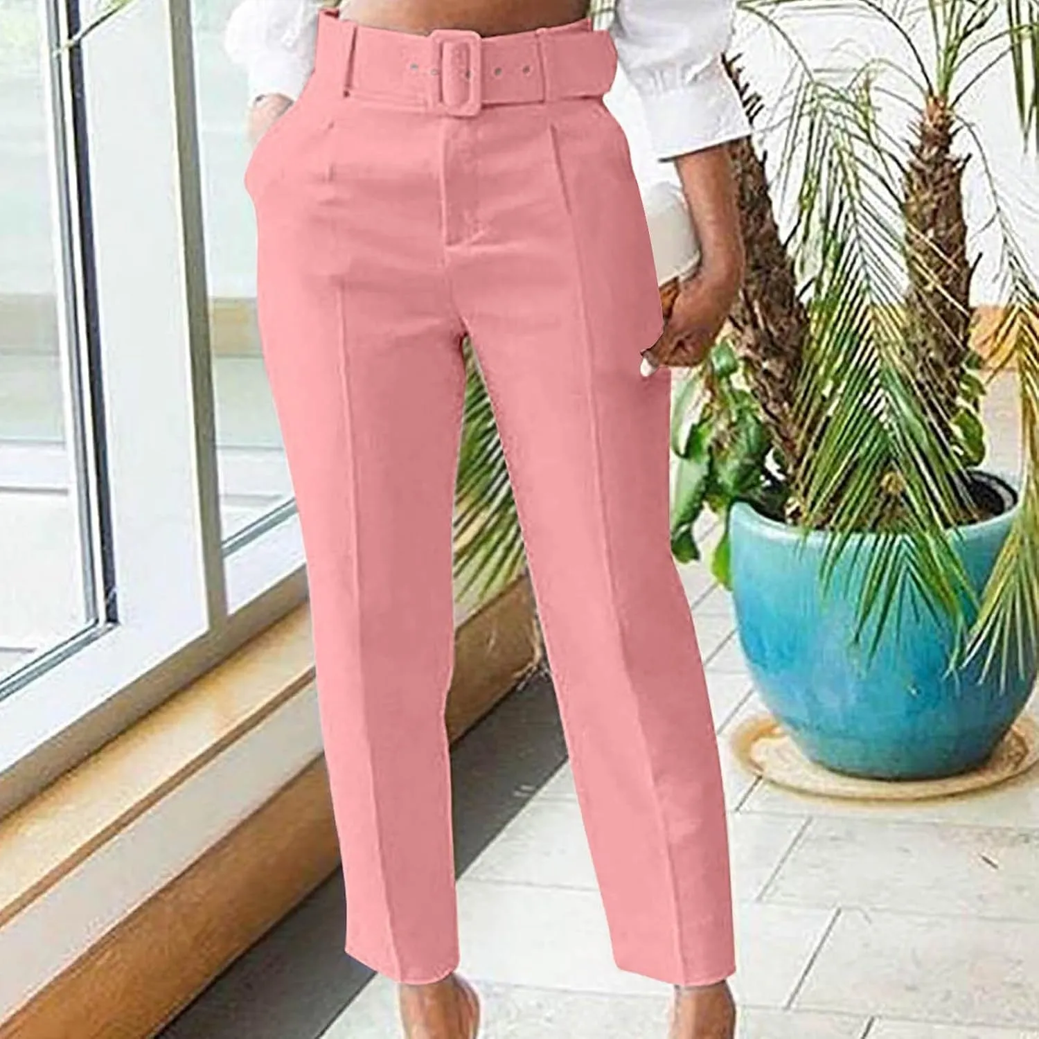 Uillui Dress Suit Pants for Women Business Casual Straight Leg Trouser Dressy High Waist Office Work Pant Slacks with Belted