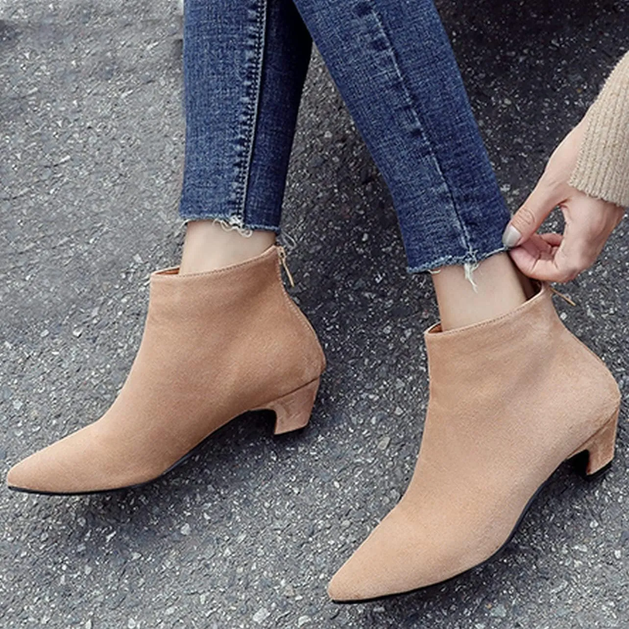 UniqueStride Womens Kitten Heels Ankle Boots Faux Suede Pointed Toe Booties Back Zipper Short Boots