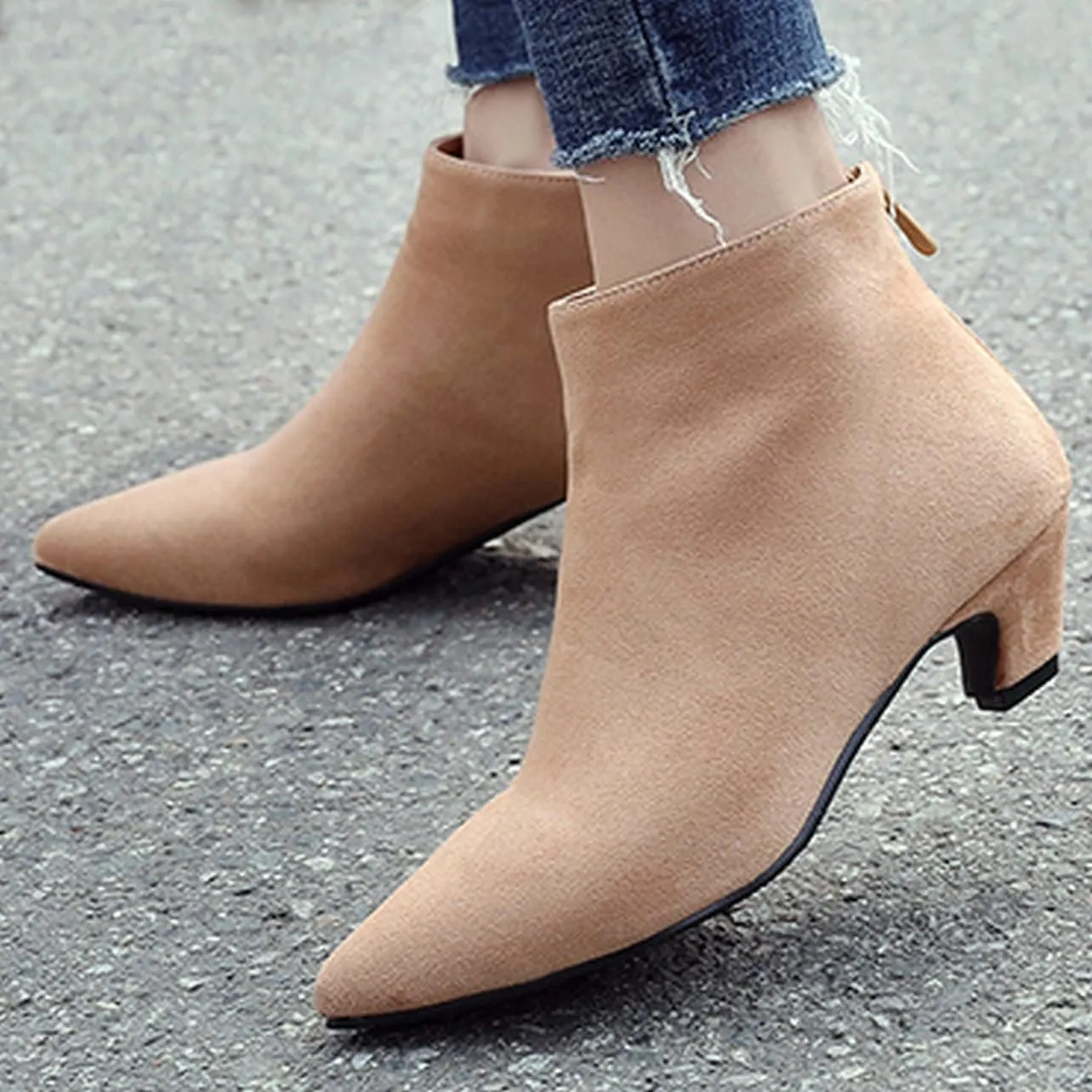 UniqueStride Womens Kitten Heels Ankle Boots Faux Suede Pointed Toe Booties Back Zipper Short Boots