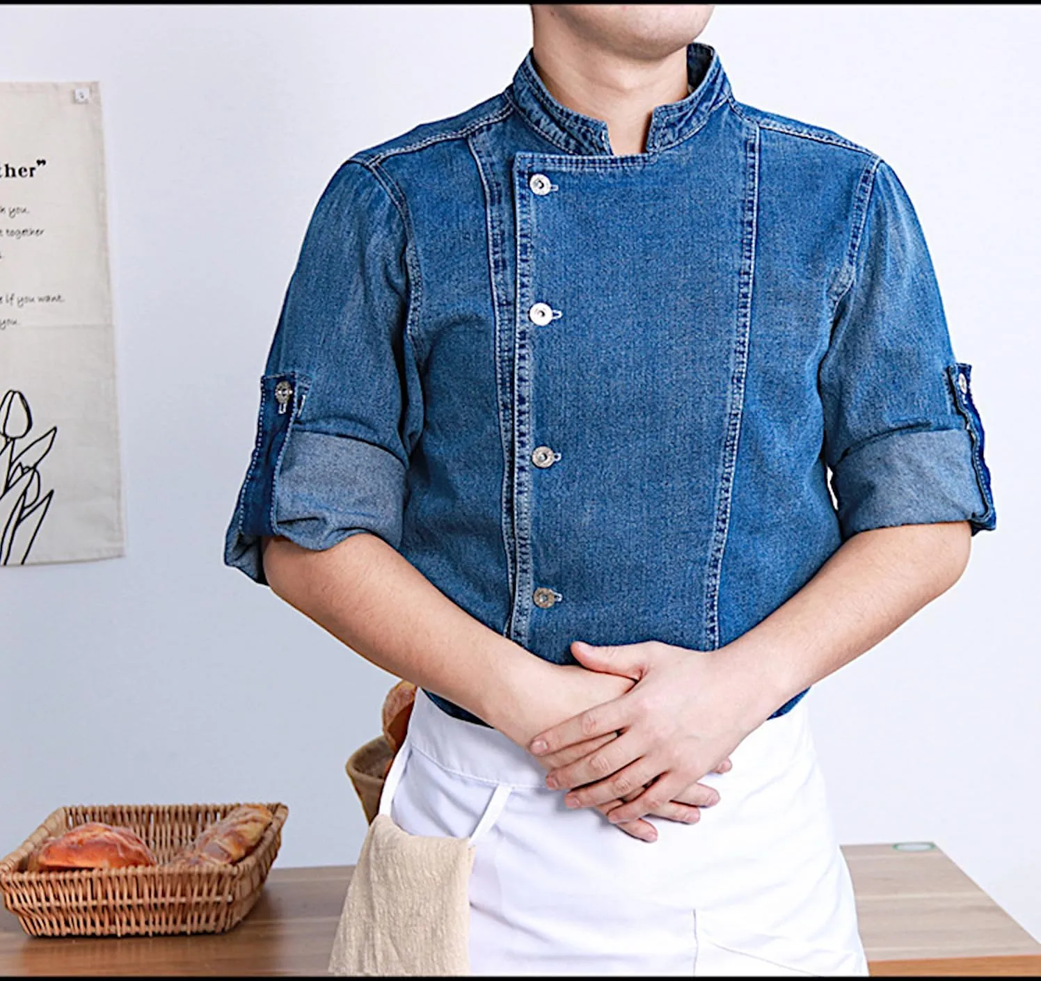 Unisex Denim Roll Up Long Sleeve Chef Coat, Button Down Chef Jacket, Kitchen & Restaurant Work Uniform