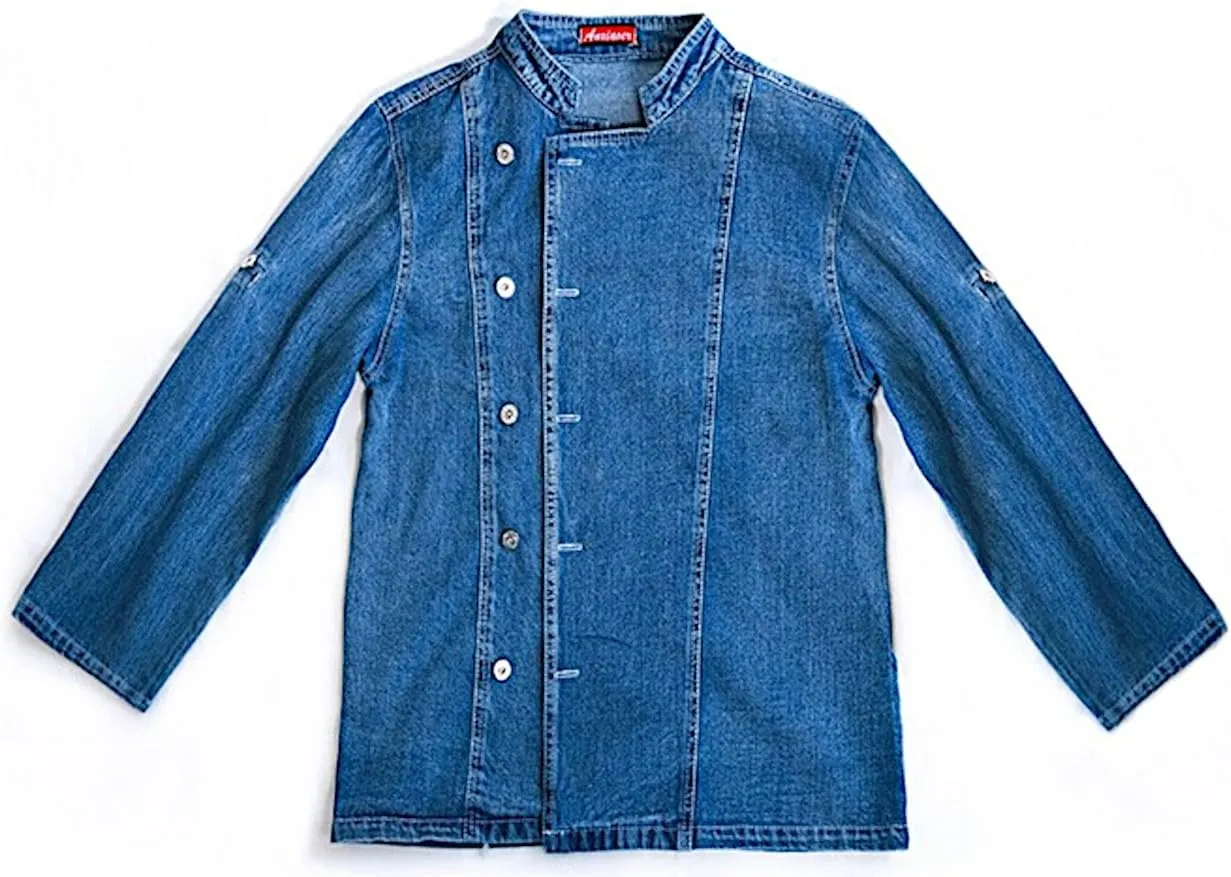 Unisex Denim Roll Up Long Sleeve Chef Coat, Button Down Chef Jacket, Kitchen & Restaurant Work Uniform