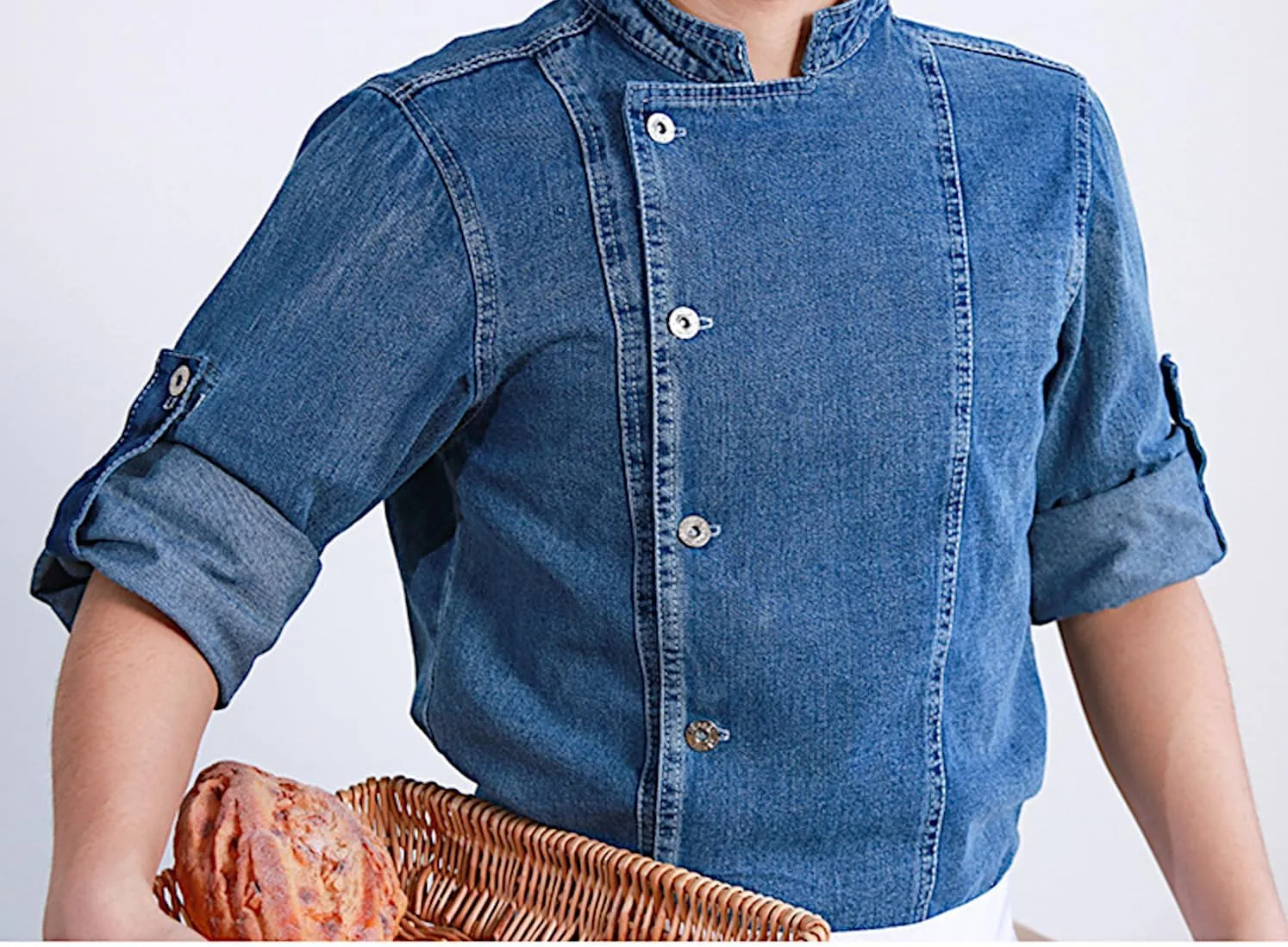 Unisex Denim Roll Up Long Sleeve Chef Coat, Button Down Chef Jacket, Kitchen & Restaurant Work Uniform