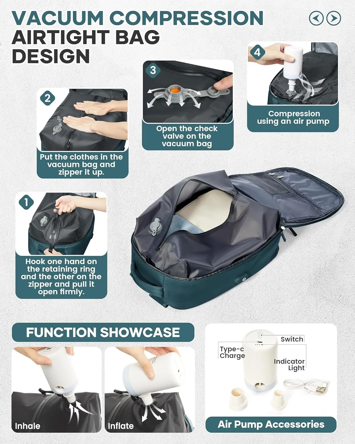 Vacuum Seal Backpack for Travel with Air Pump Vacpack Airback Carry on Flight Approved Compression Daypack Laptop Space Saver Bags Storage with Vacuum System 18x14x8 inches Bag Women Men PeacockBlue