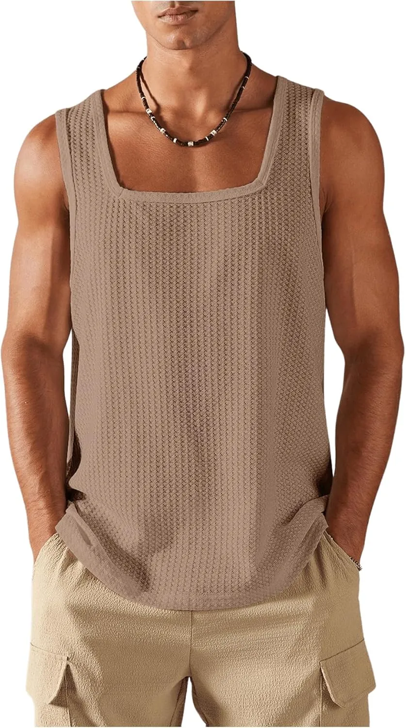 Verdusa Men's Sleeveless Square Neck Waffle Knit Tank Tops Undershirt