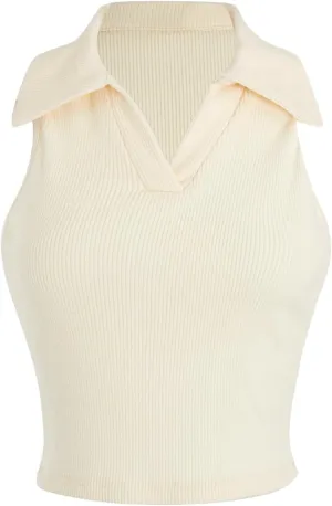 Verdusa Women's Casual Collared V Neck Sleeveless Solid Fitted Tank Tops