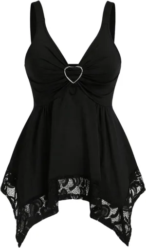 Verdusa Women's Contrast Lace Ruched V Neck Sleeveless Peplum Asymmetrical Tank Tops