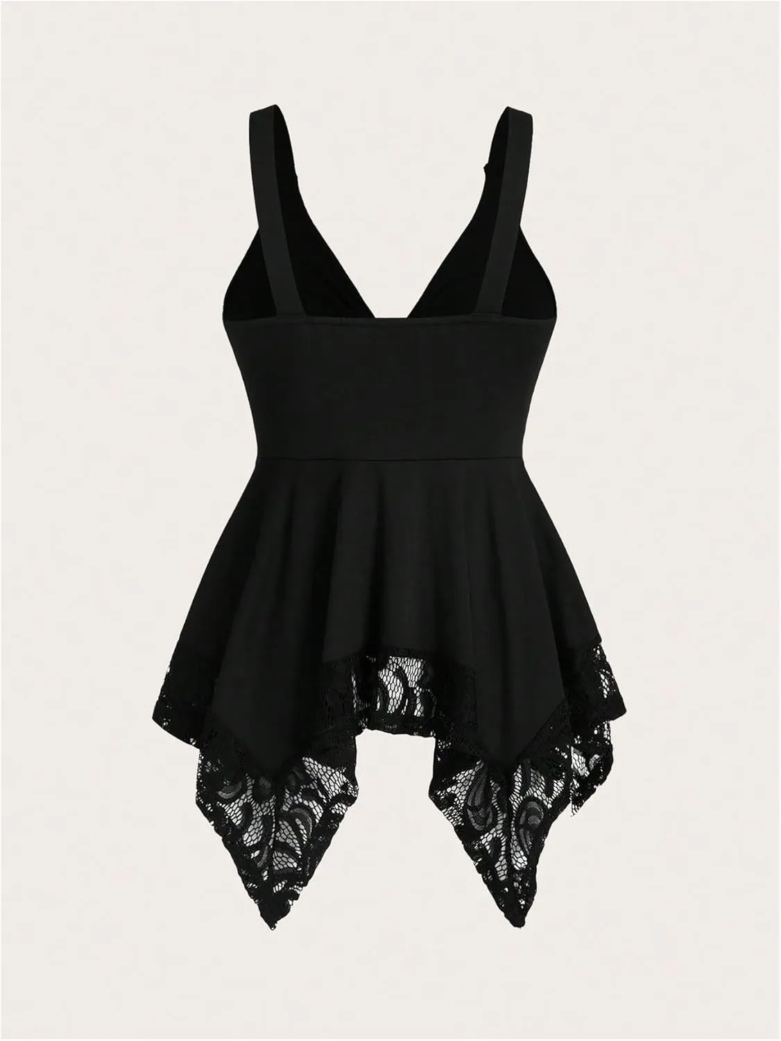 Verdusa Women's Contrast Lace Ruched V Neck Sleeveless Peplum Asymmetrical Tank Tops