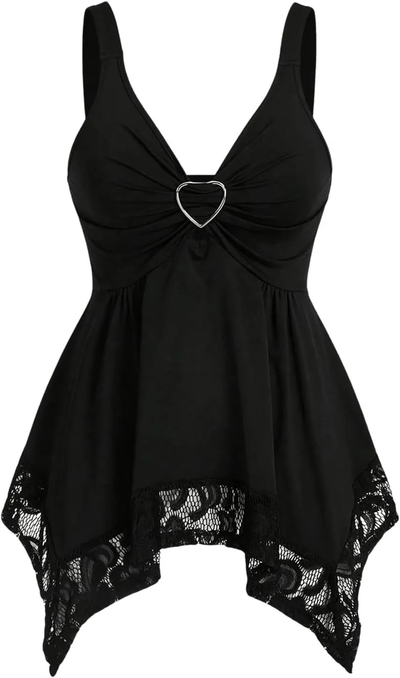 Verdusa Women's Contrast Lace Ruched V Neck Sleeveless Peplum Asymmetrical Tank Tops