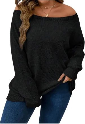 Verdusa Women's Plus Size Off The Shoulder Sweater Long Sleeve Pullover Lightweight Knit Tops