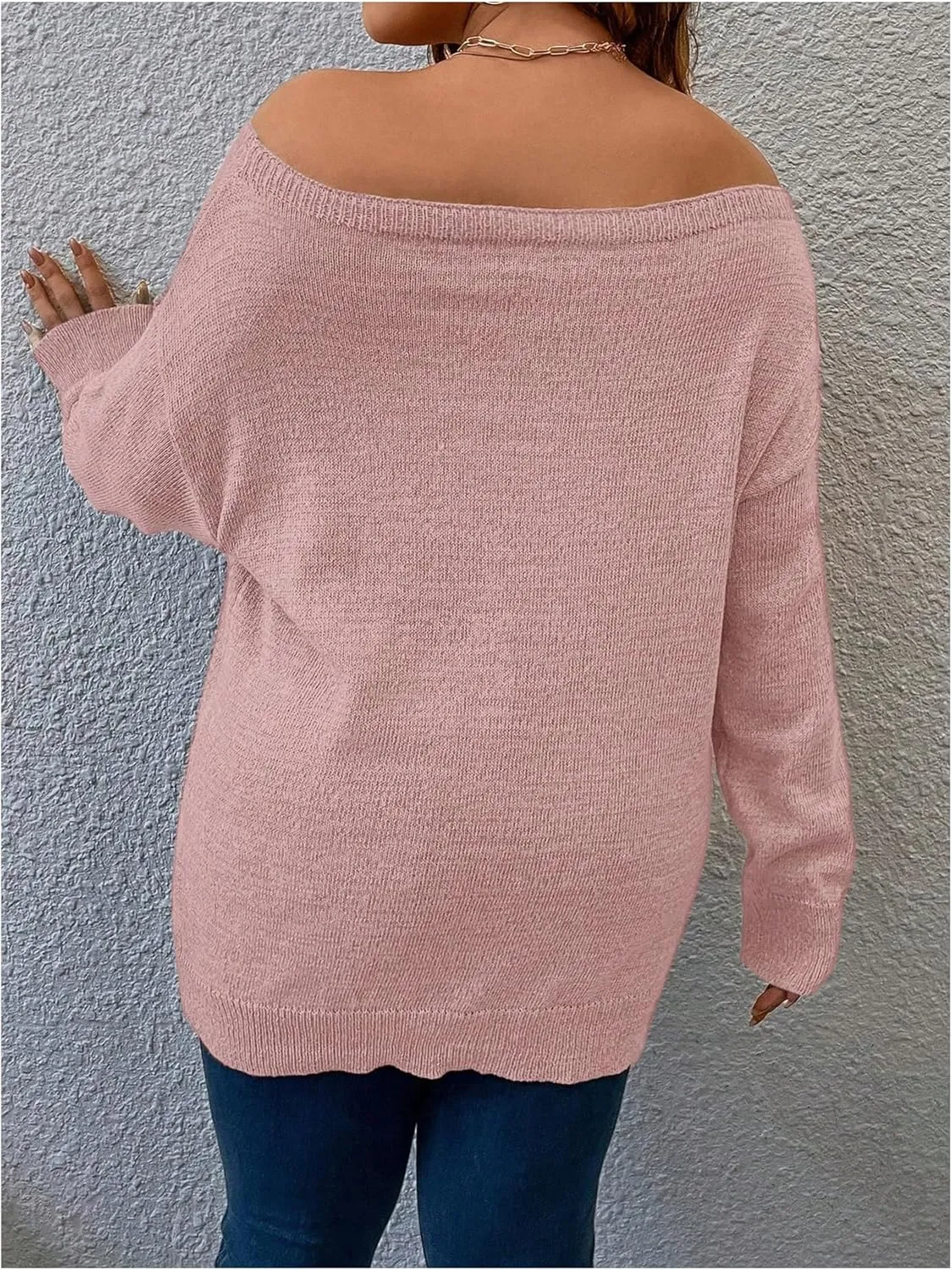 Verdusa Women's Plus Size Off The Shoulder Sweater Long Sleeve Pullover Lightweight Knit Tops