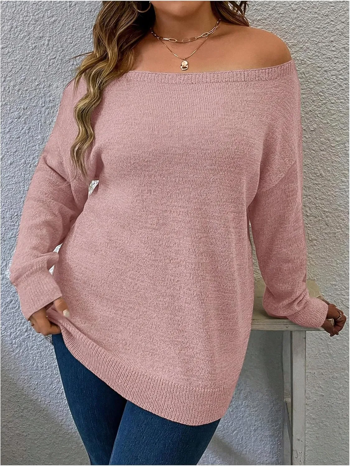 Verdusa Women's Plus Size Off The Shoulder Sweater Long Sleeve Pullover Lightweight Knit Tops