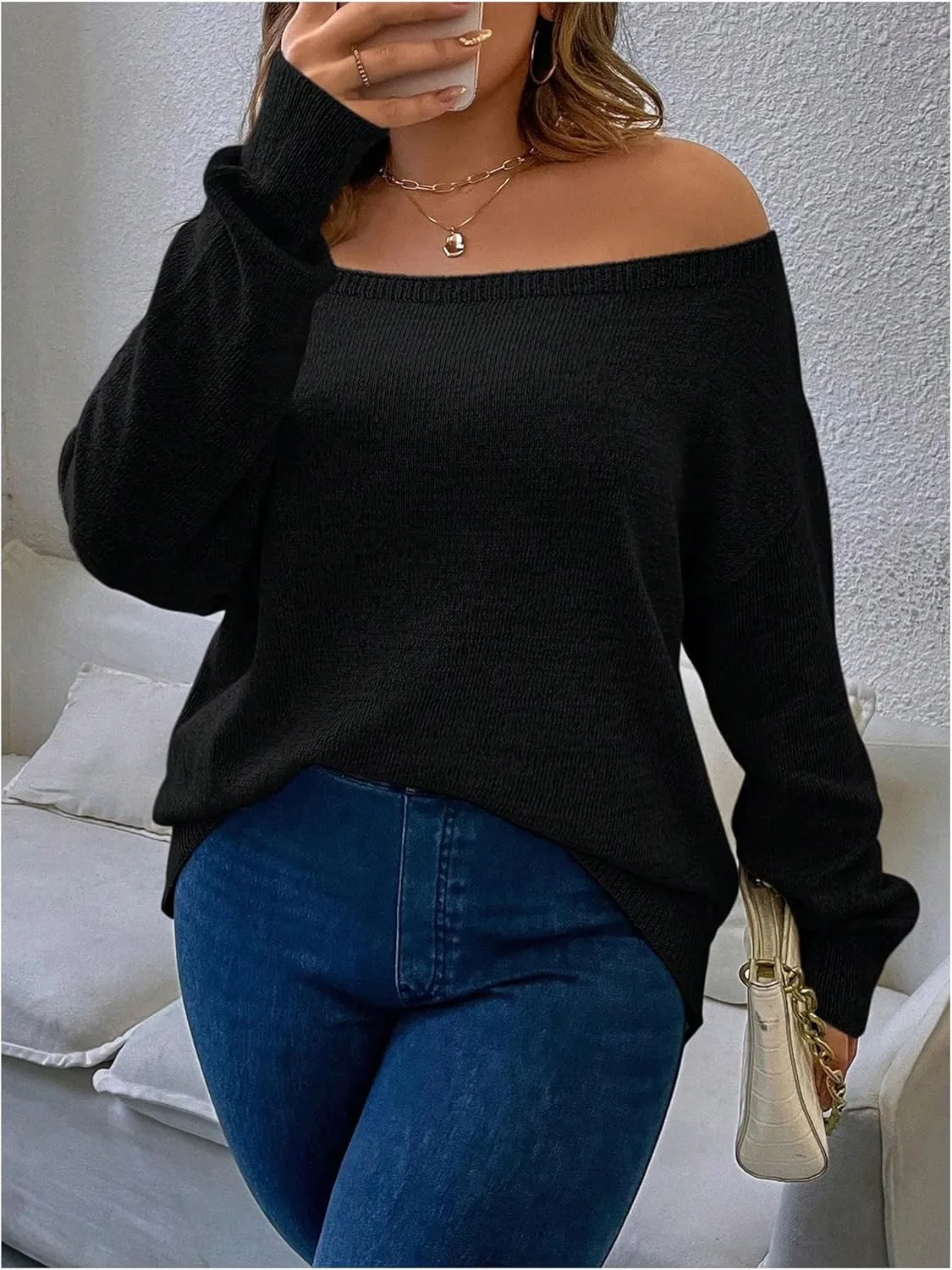 Verdusa Women's Plus Size Off The Shoulder Sweater Long Sleeve Pullover Lightweight Knit Tops