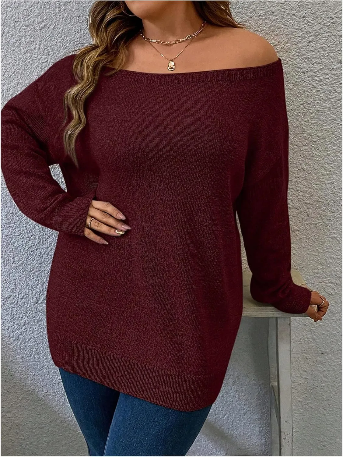 Verdusa Women's Plus Size Off The Shoulder Sweater Long Sleeve Pullover Lightweight Knit Tops