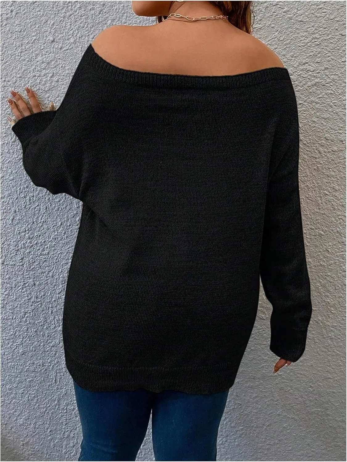 Verdusa Women's Plus Size Off The Shoulder Sweater Long Sleeve Pullover Lightweight Knit Tops