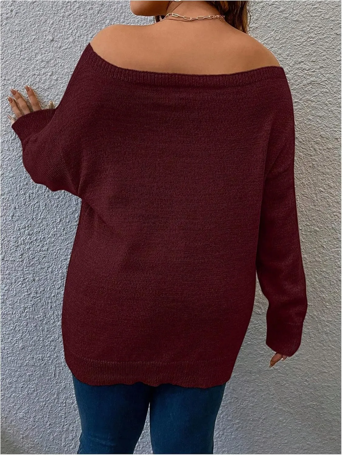 Verdusa Women's Plus Size Off The Shoulder Sweater Long Sleeve Pullover Lightweight Knit Tops