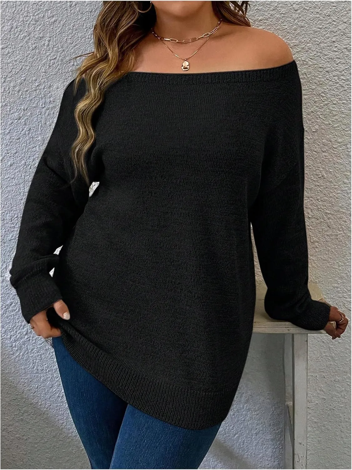 Verdusa Women's Plus Size Off The Shoulder Sweater Long Sleeve Pullover Lightweight Knit Tops