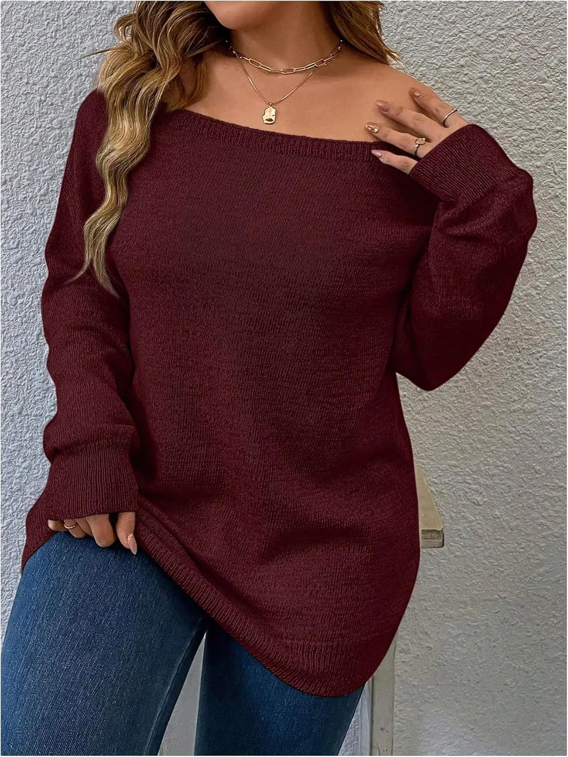 Verdusa Women's Plus Size Off The Shoulder Sweater Long Sleeve Pullover Lightweight Knit Tops
