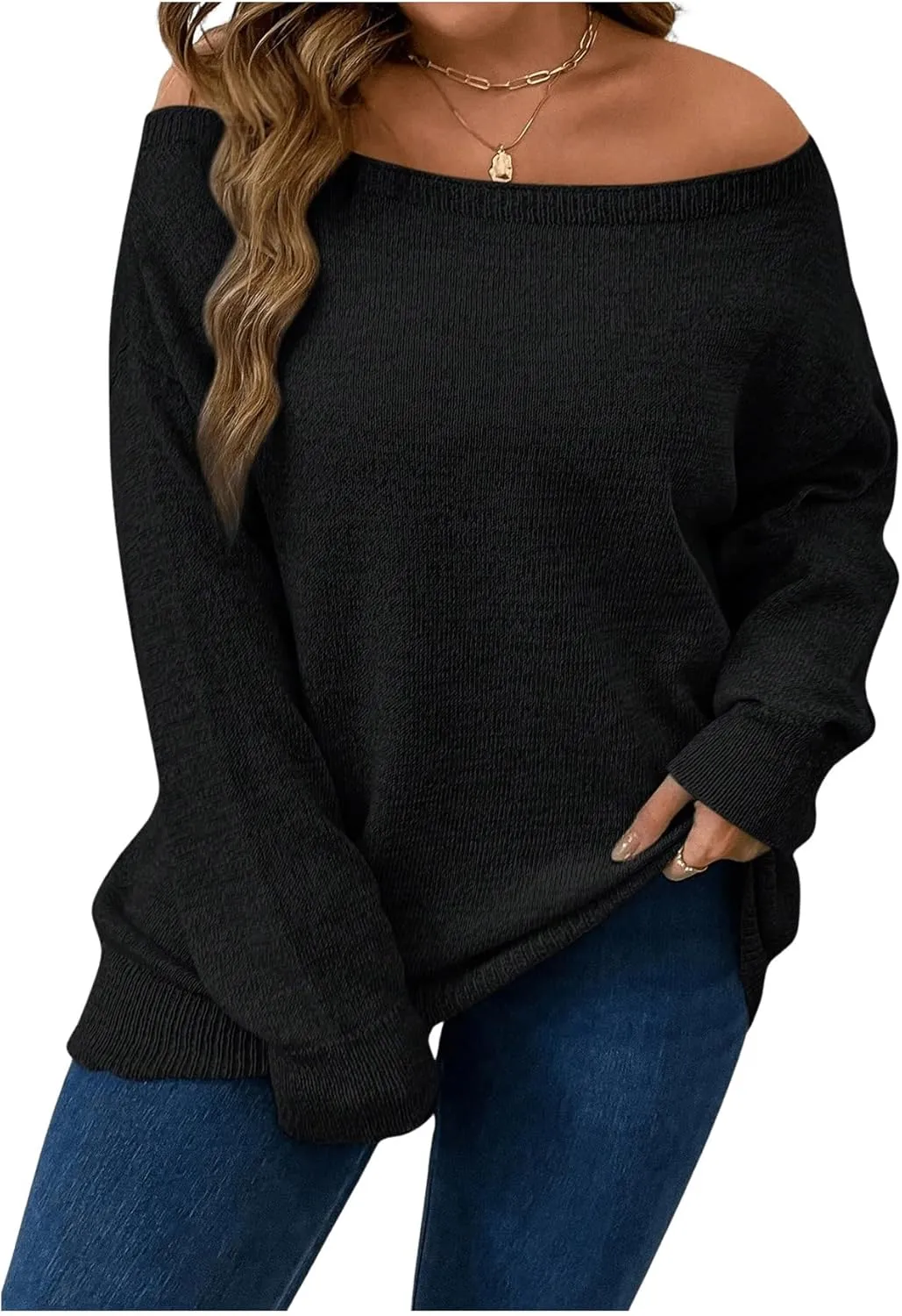 Verdusa Women's Plus Size Off The Shoulder Sweater Long Sleeve Pullover Lightweight Knit Tops
