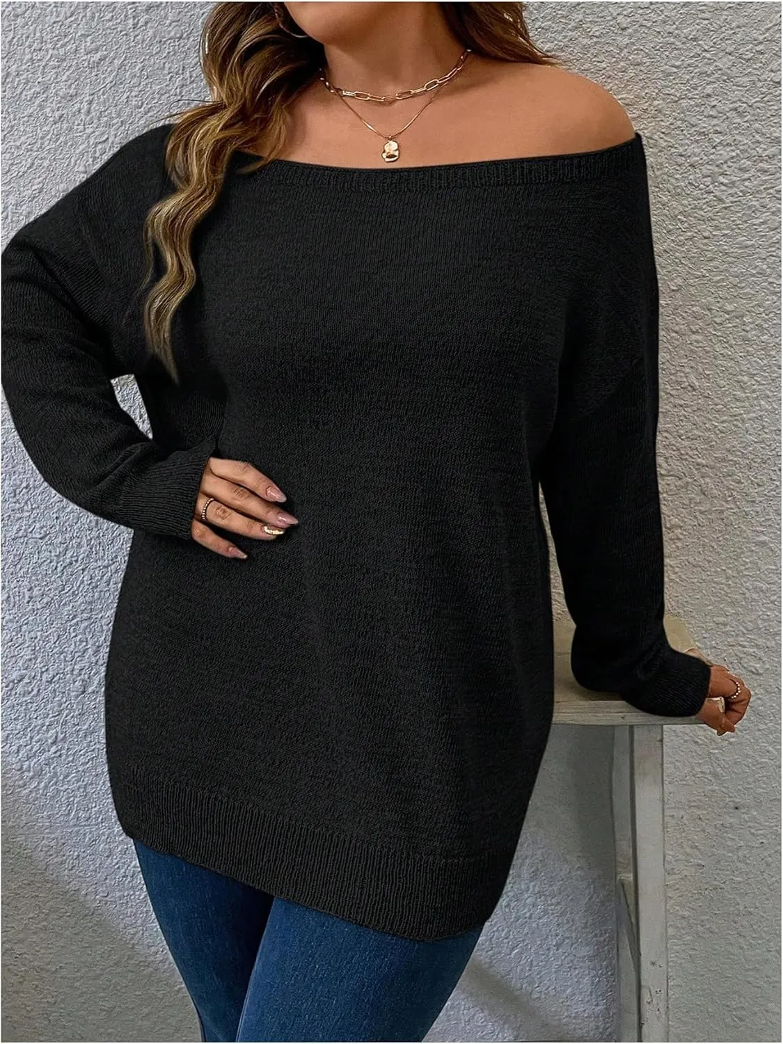Verdusa Women's Plus Size Off The Shoulder Sweater Long Sleeve Pullover Lightweight Knit Tops