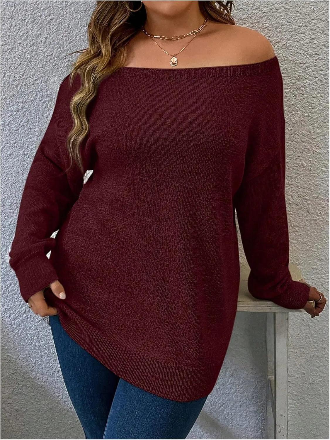 Verdusa Women's Plus Size Off The Shoulder Sweater Long Sleeve Pullover Lightweight Knit Tops