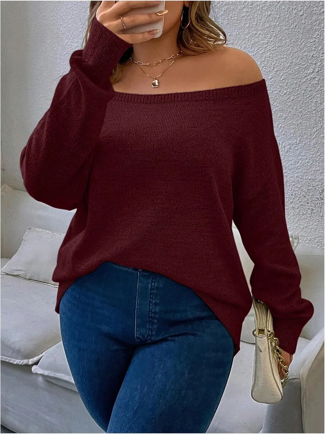 Verdusa Women's Plus Size Off The Shoulder Sweater Long Sleeve Pullover Lightweight Knit Tops