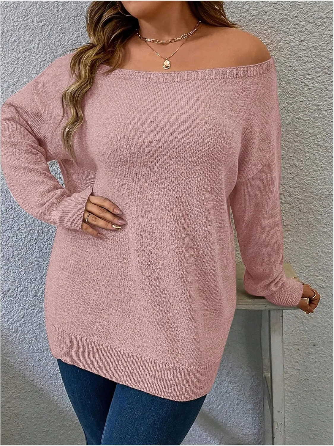Verdusa Women's Plus Size Off The Shoulder Sweater Long Sleeve Pullover Lightweight Knit Tops