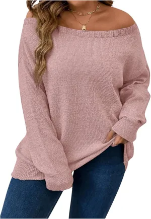 Verdusa Women's Plus Size Off The Shoulder Sweater Long Sleeve Pullover Lightweight Knit Tops