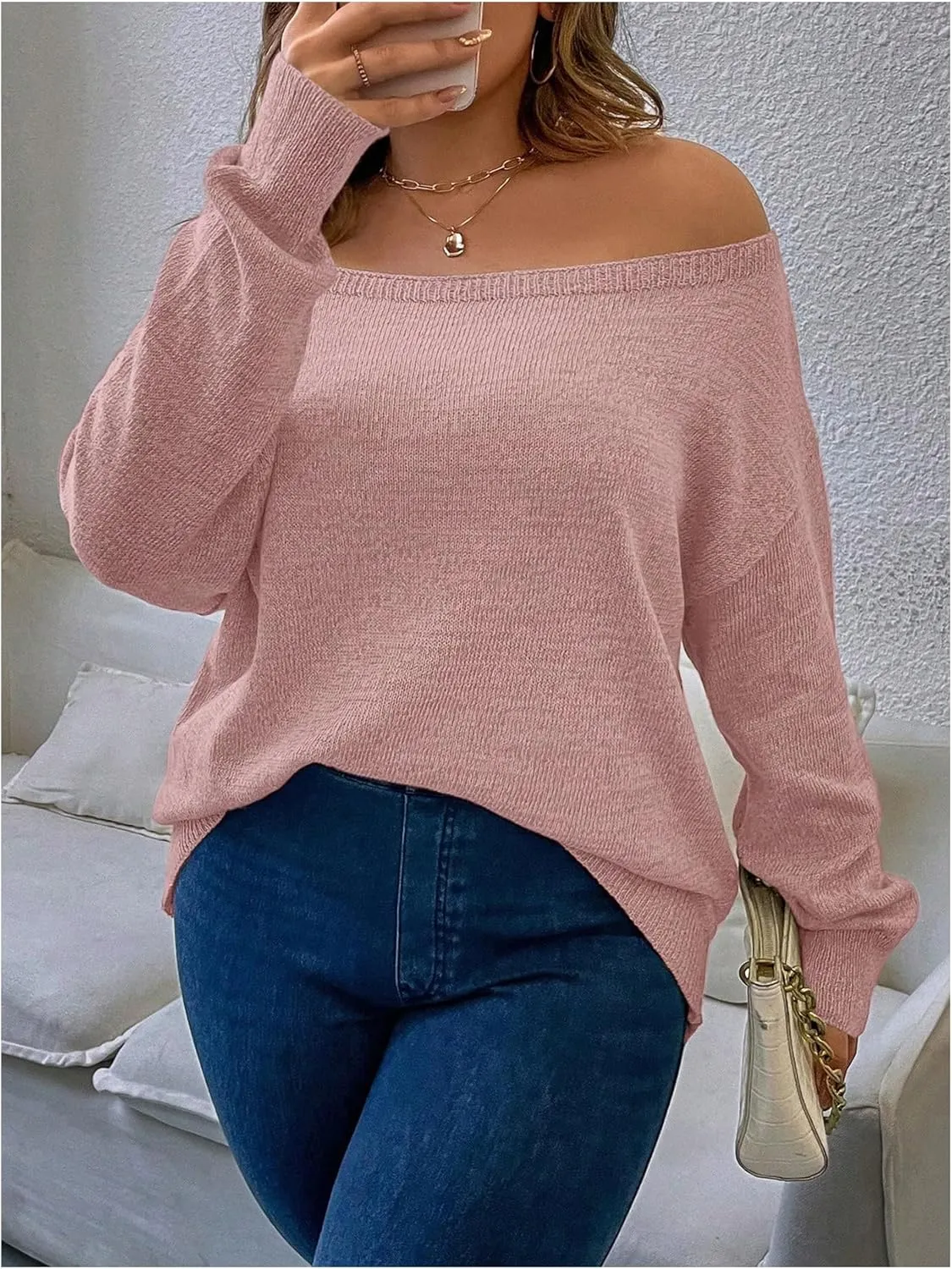 Verdusa Women's Plus Size Off The Shoulder Sweater Long Sleeve Pullover Lightweight Knit Tops