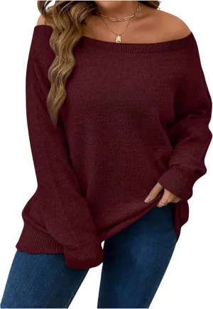 Verdusa Women's Plus Size Off The Shoulder Sweater Long Sleeve Pullover Lightweight Knit Tops