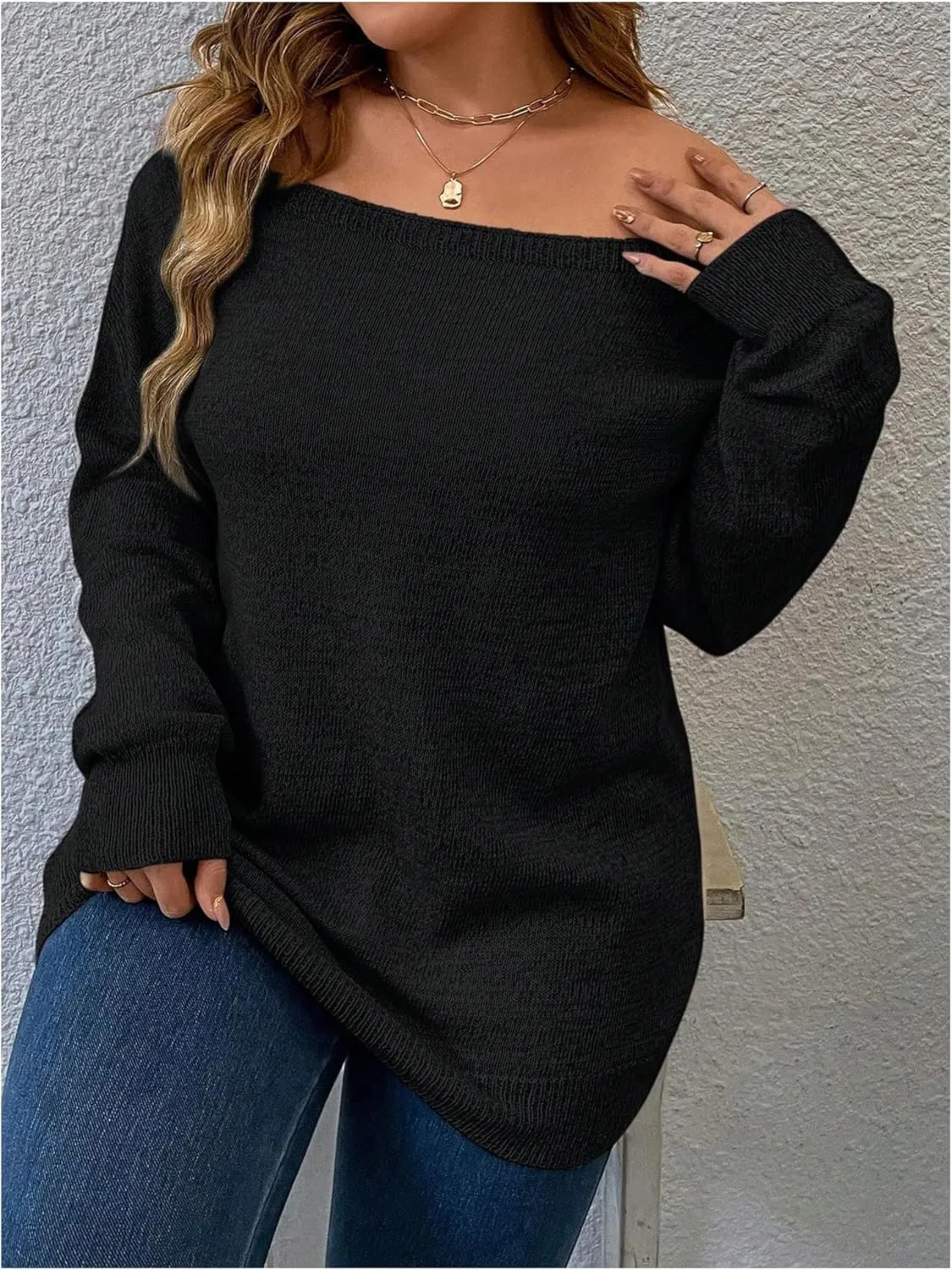 Verdusa Women's Plus Size Off The Shoulder Sweater Long Sleeve Pullover Lightweight Knit Tops