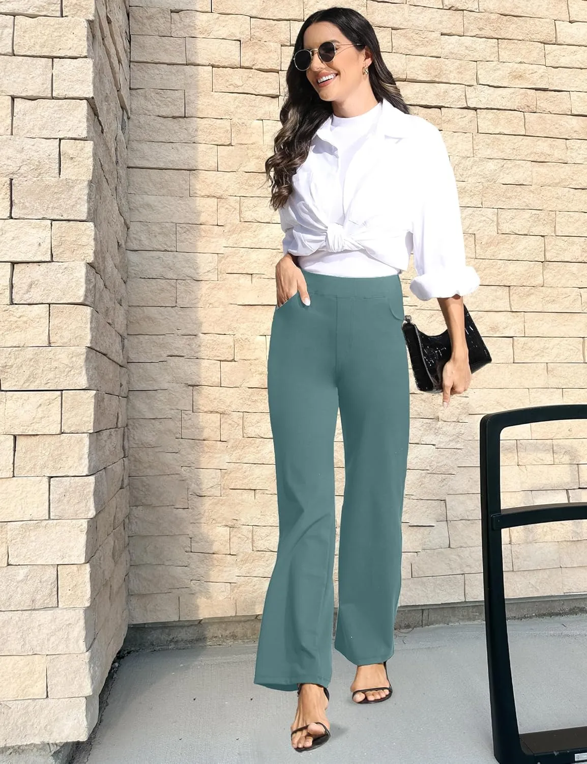 Wide Leg Yoga Pants Women with Pockets, High Waisted Casual Lounge Dress Pants Petite/Regular/Tall