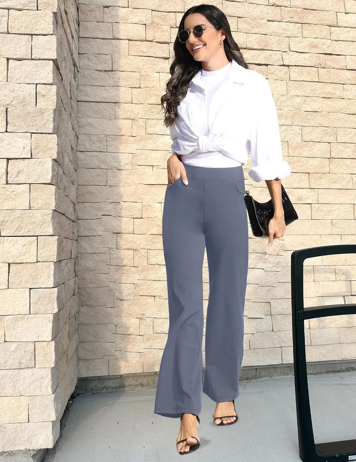 Wide Leg Yoga Pants Women with Pockets, High Waisted Casual Lounge Dress Pants Petite/Regular/Tall