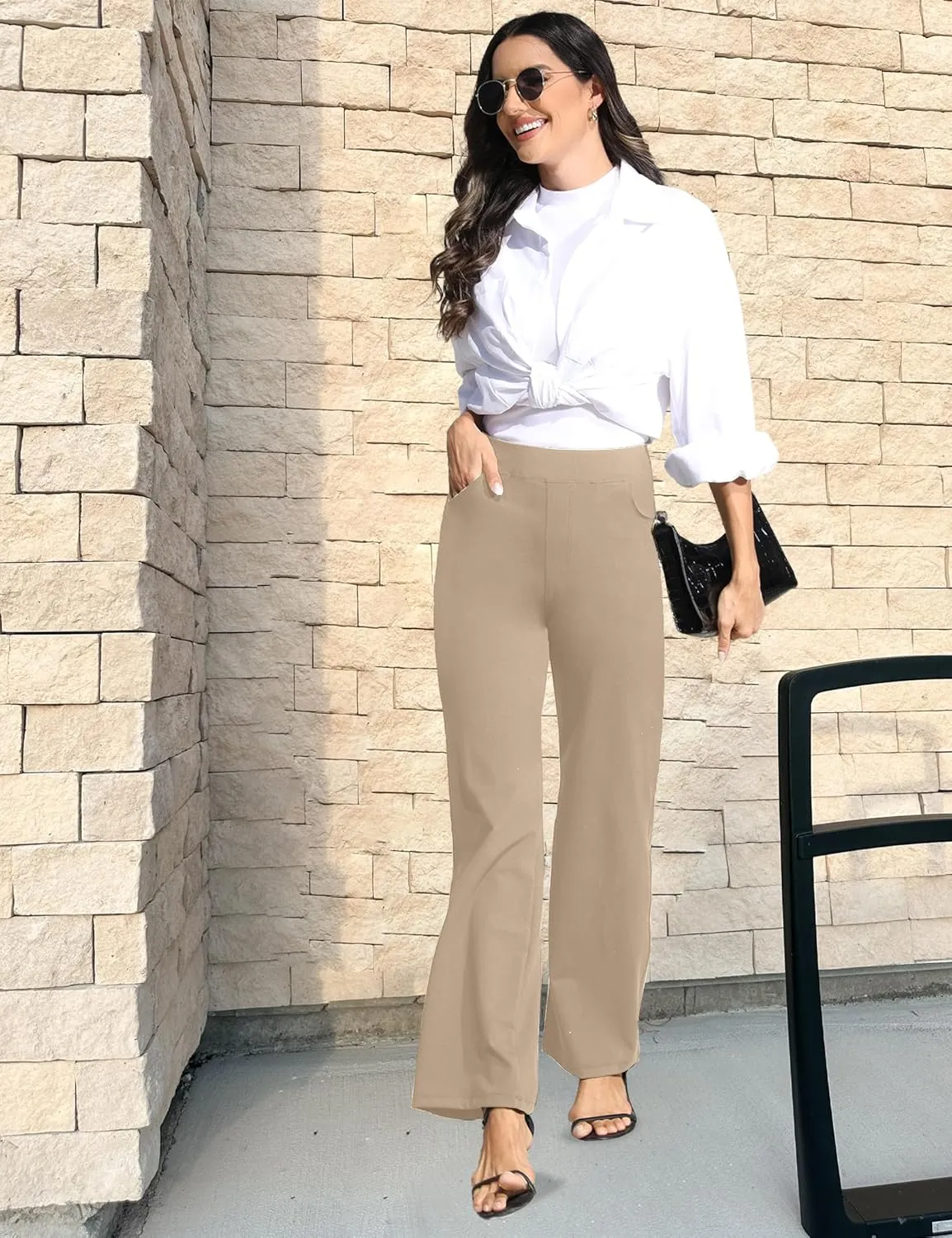 Wide Leg Yoga Pants Women with Pockets, High Waisted Casual Lounge Dress Pants Petite/Regular/Tall