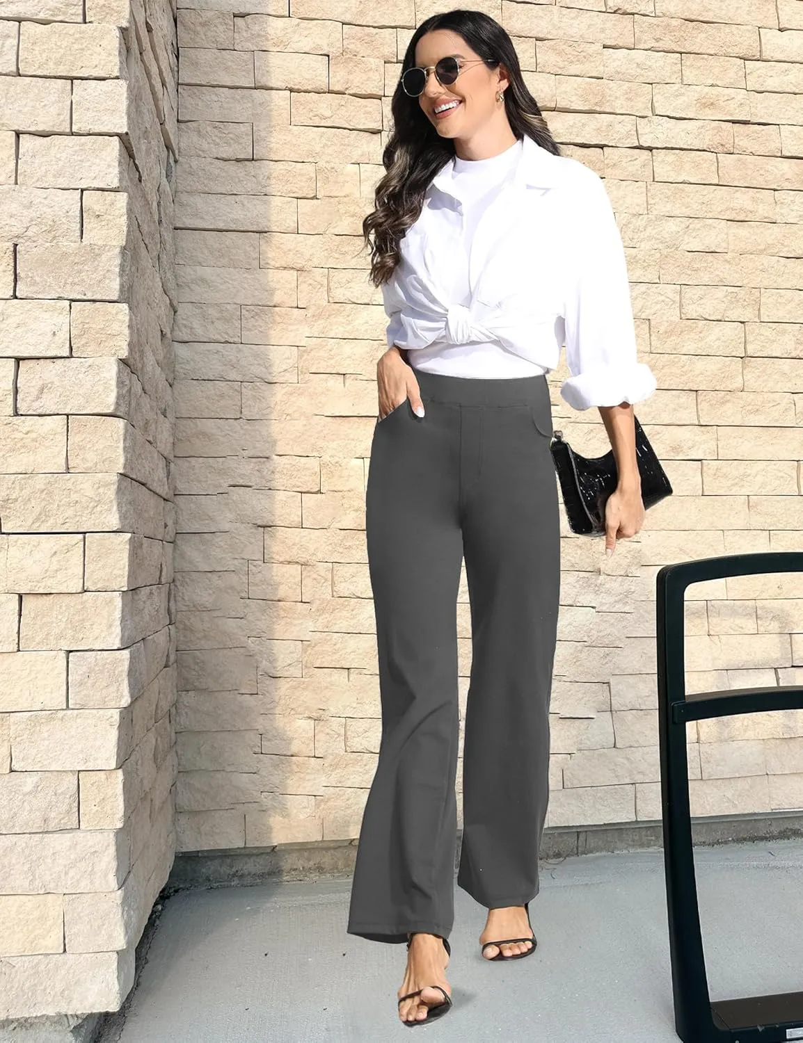 Wide Leg Yoga Pants Women with Pockets, High Waisted Casual Lounge Dress Pants Petite/Regular/Tall