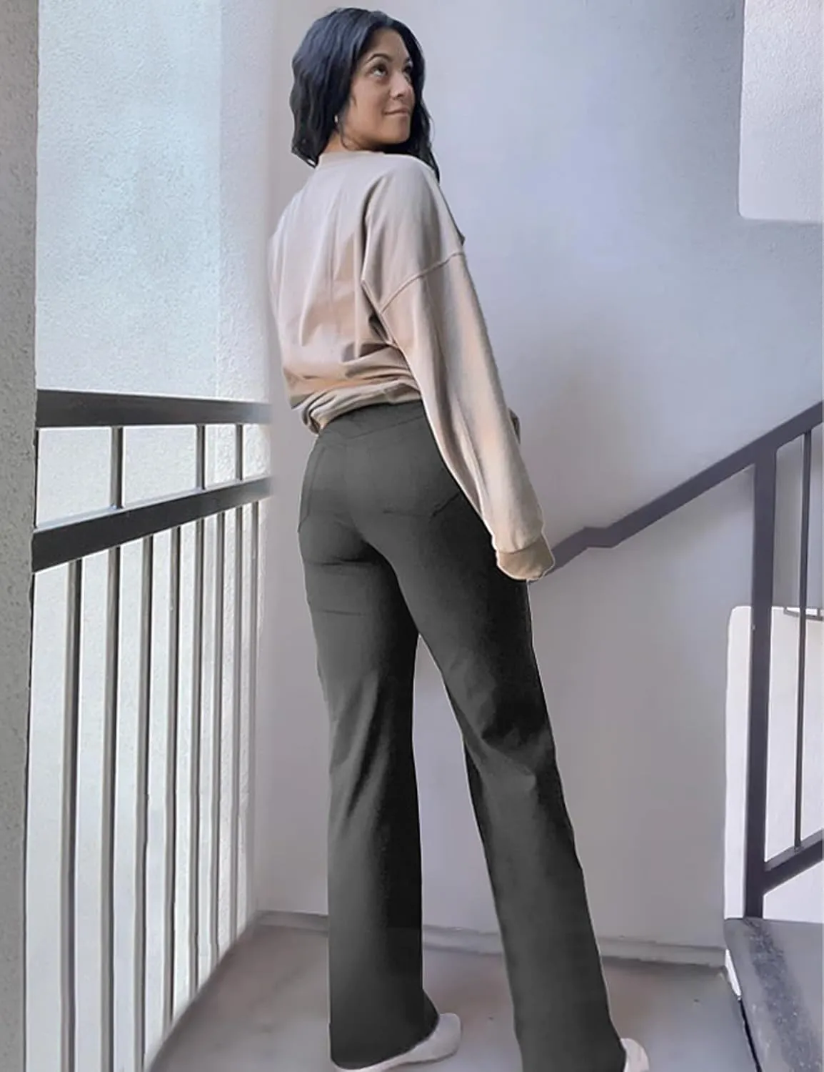 Wide Leg Yoga Pants Women with Pockets, High Waisted Casual Lounge Dress Pants Petite/Regular/Tall