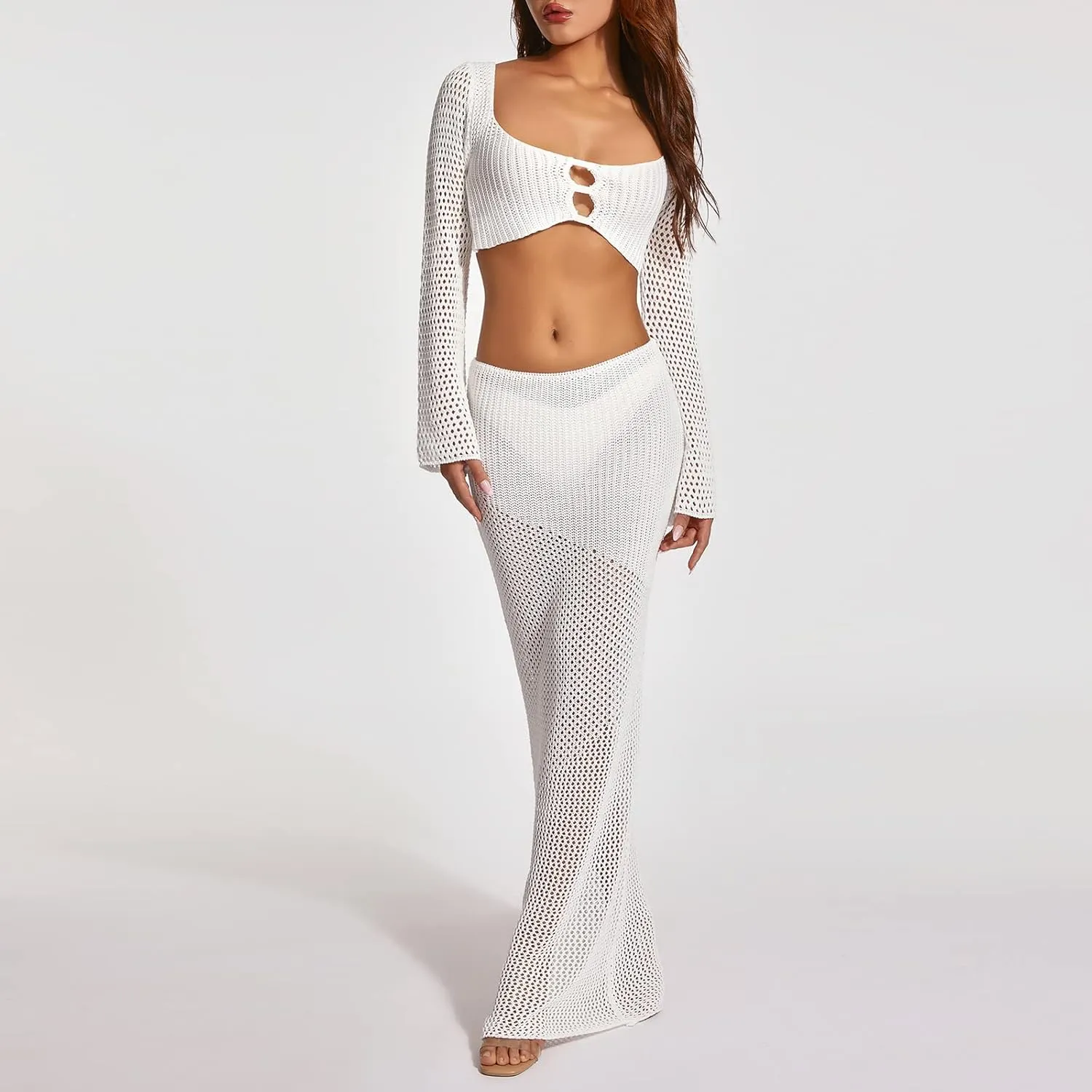 Women 2 Piece Knit Skirt Outfits Hollow Out Long Sleeve Crop Top and Bodycon Mini Skirt Cover Up Set Y2K Summer Set