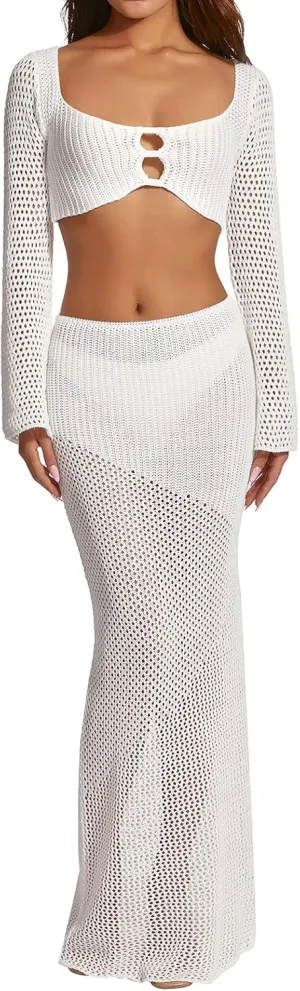 Women 2 Piece Knit Skirt Outfits Hollow Out Long Sleeve Crop Top and Bodycon Mini Skirt Cover Up Set Y2K Summer Set