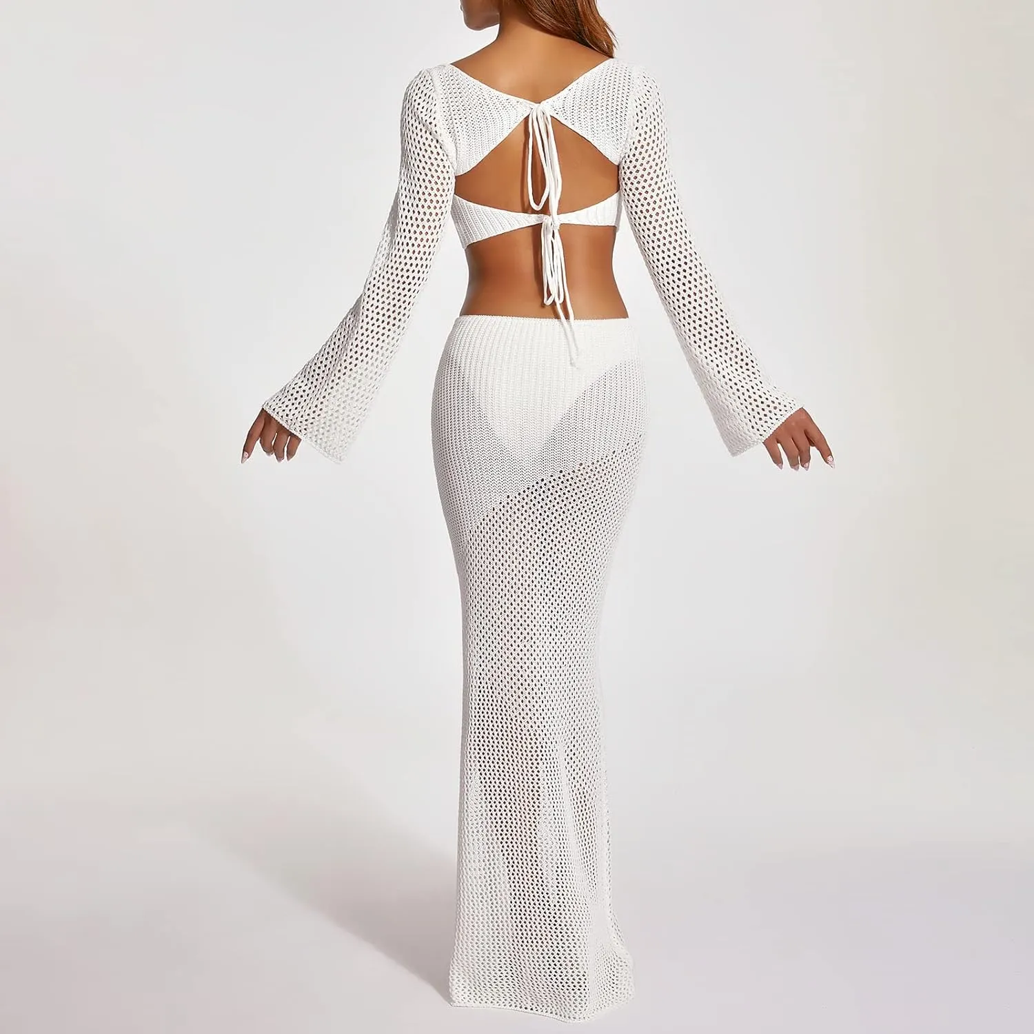 Women 2 Piece Knit Skirt Outfits Hollow Out Long Sleeve Crop Top and Bodycon Mini Skirt Cover Up Set Y2K Summer Set