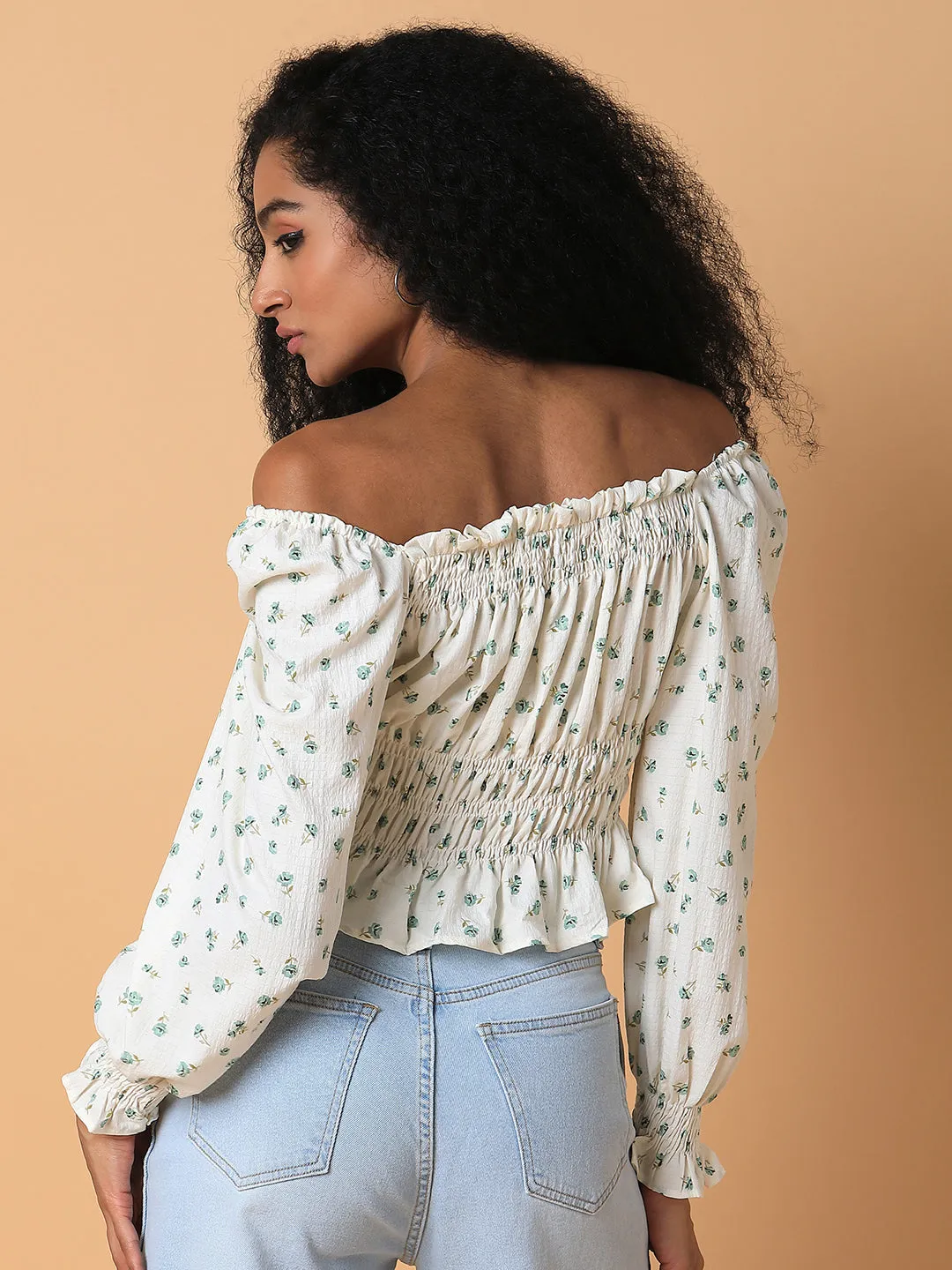 Women Cream Off-Shoulder Synthetic Crepe Top