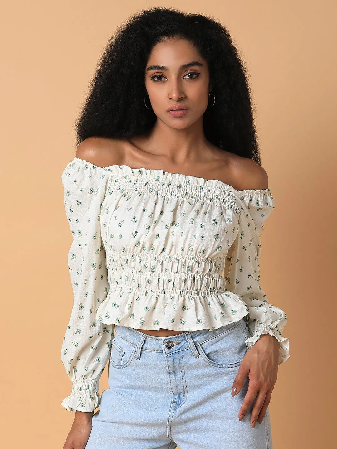 Women Cream Off-Shoulder Synthetic Crepe Top