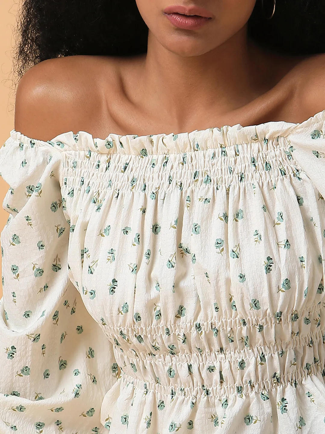 Women Cream Off-Shoulder Synthetic Crepe Top