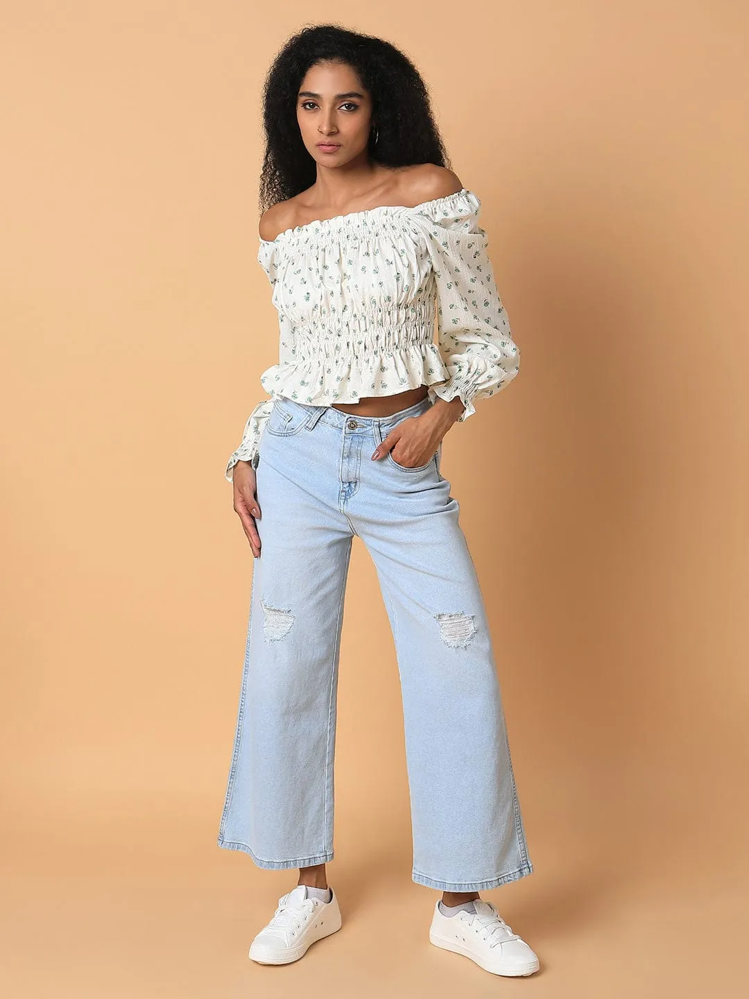 Women Cream Off-Shoulder Synthetic Crepe Top