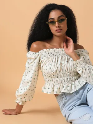 Women Cream Off-Shoulder Synthetic Crepe Top