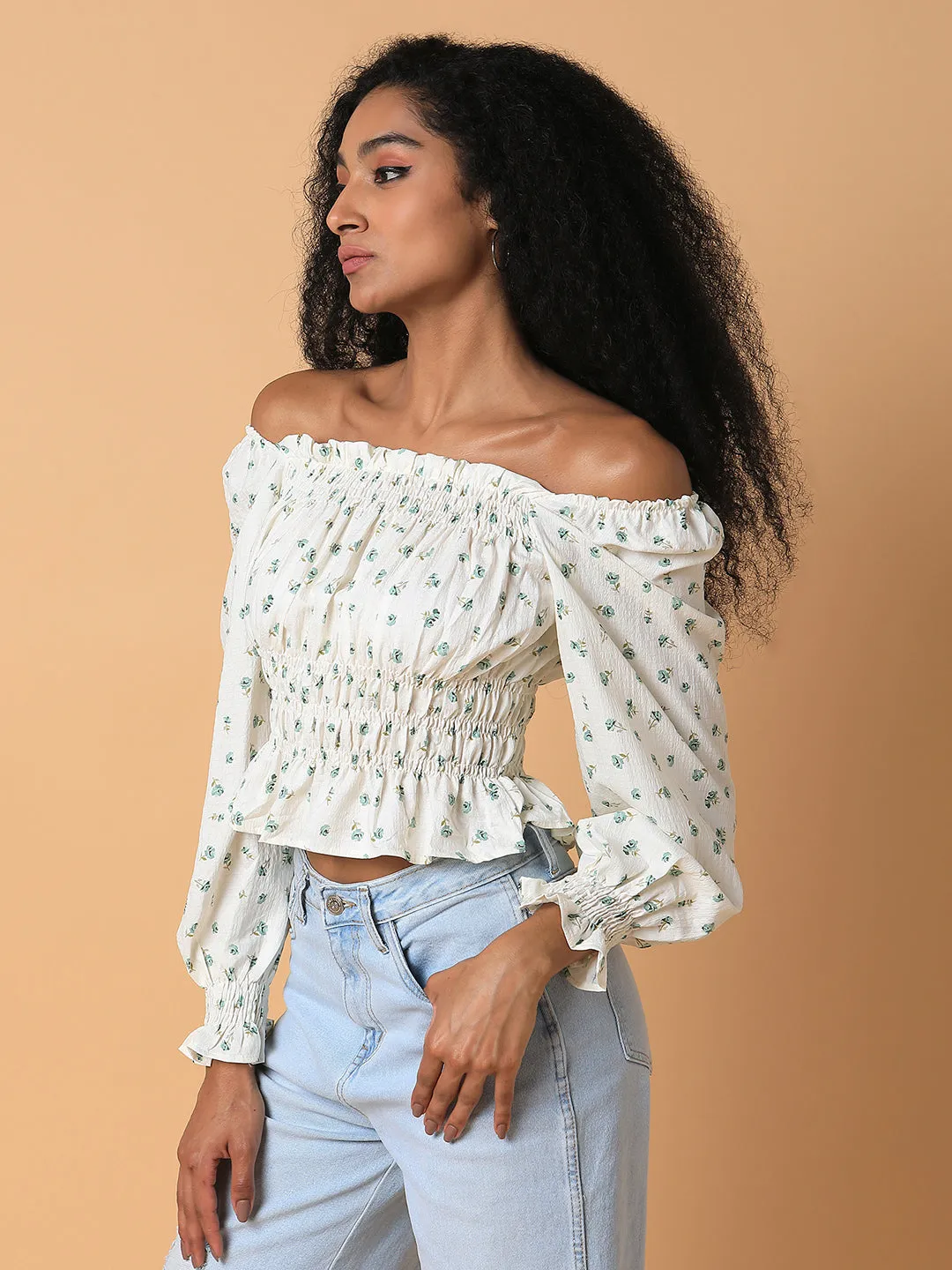 Women Cream Off-Shoulder Synthetic Crepe Top