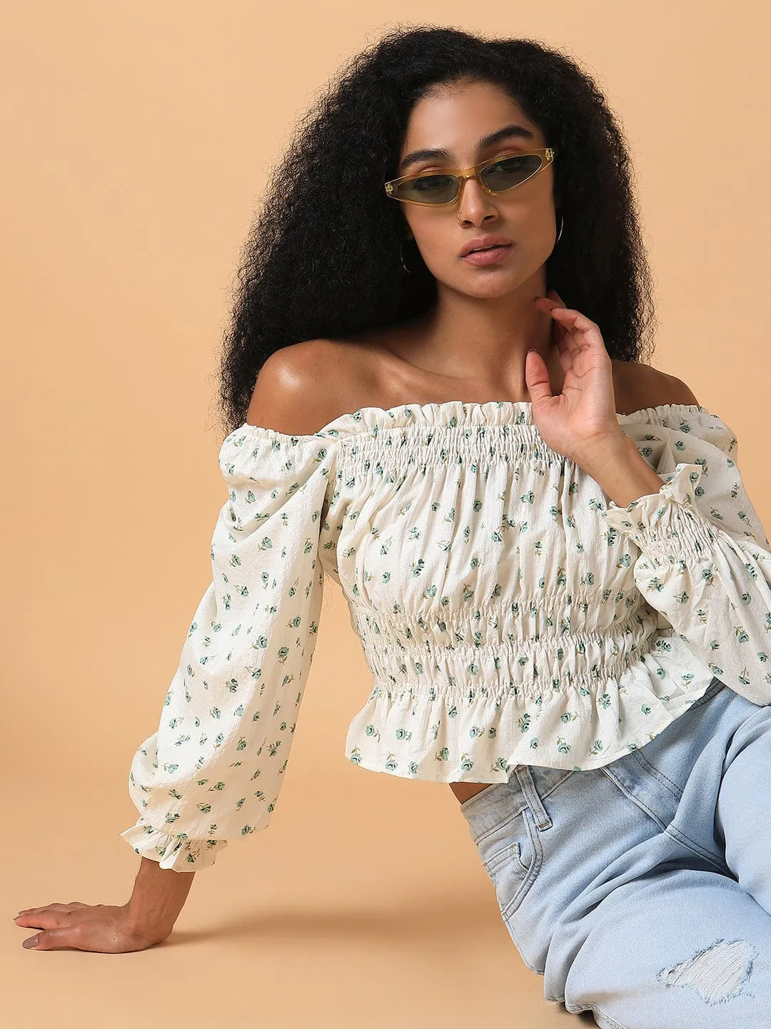 Women Cream Off-Shoulder Synthetic Crepe Top
