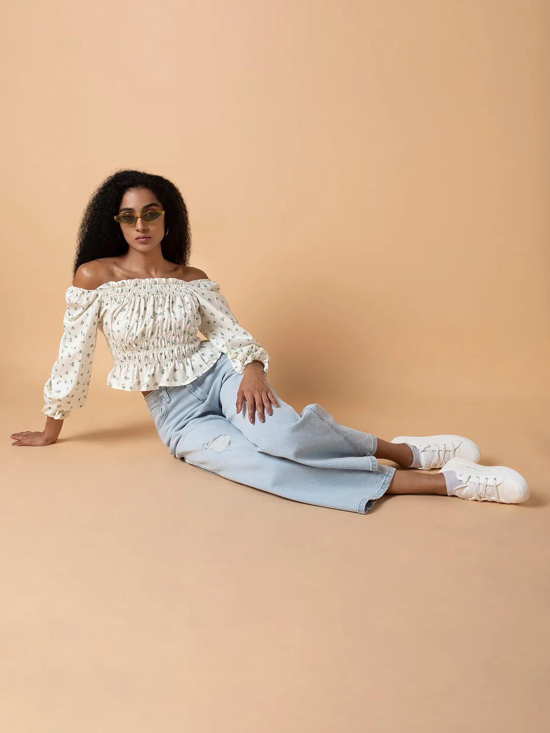 Women Cream Off-Shoulder Synthetic Crepe Top