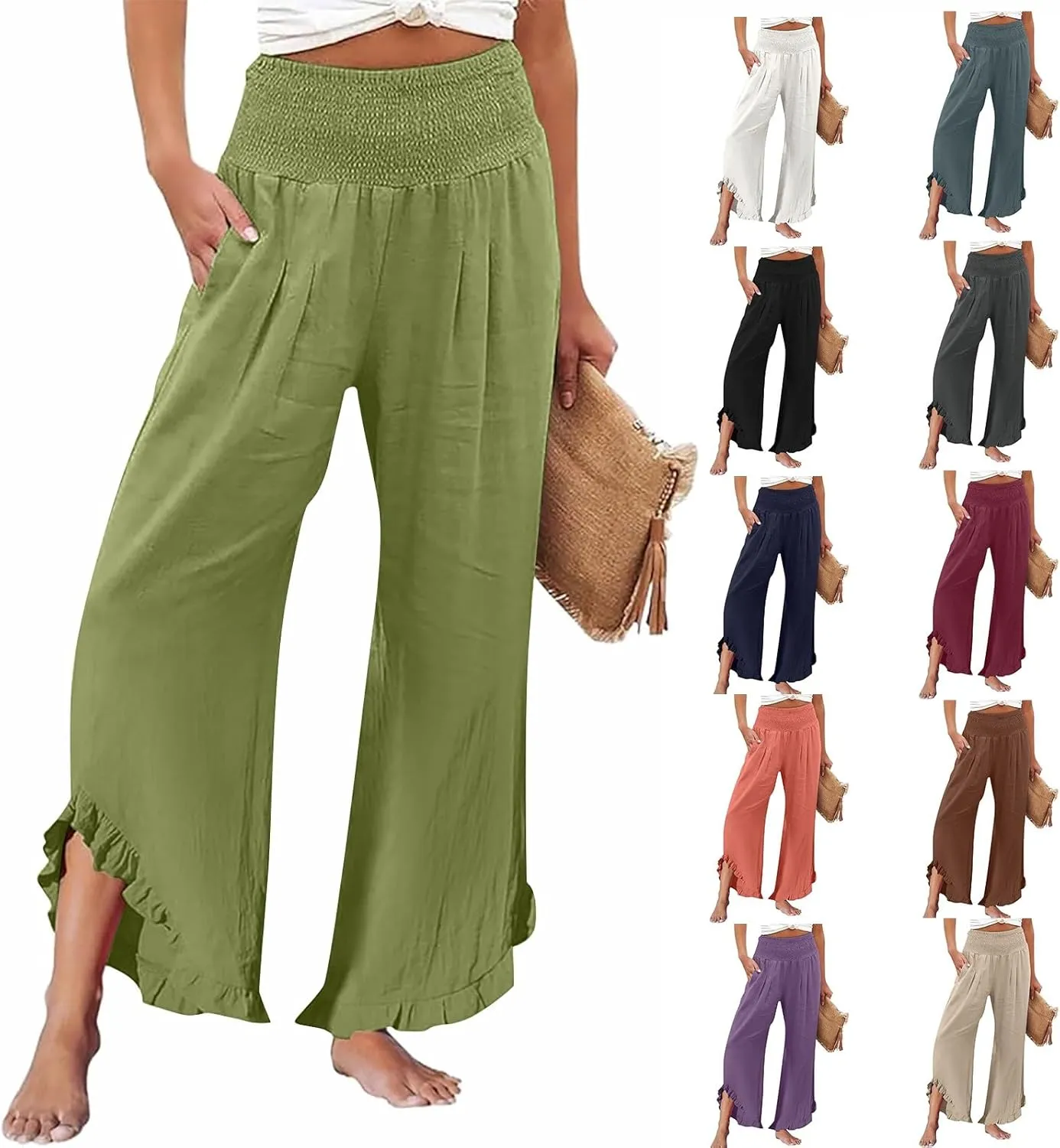 Women High Waisted Palazzo Linen Pants Trendy Pleated Irregular Cotton Linen Trouser Oversize Work Dressy Casaul Pant