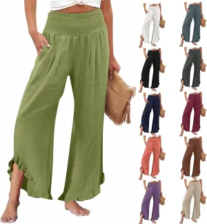Women High Waisted Palazzo Linen Pants Trendy Pleated Irregular Cotton Linen Trouser Oversize Work Dressy Casaul Pant
