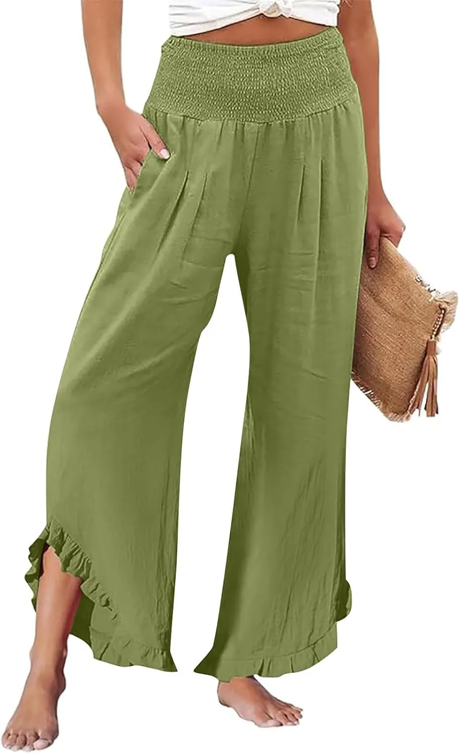 Women High Waisted Palazzo Linen Pants Trendy Pleated Irregular Cotton Linen Trouser Oversize Work Dressy Casaul Pant