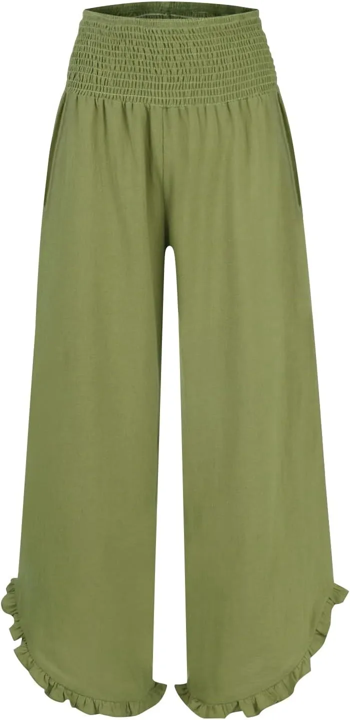 Women High Waisted Palazzo Linen Pants Trendy Pleated Irregular Cotton Linen Trouser Oversize Work Dressy Casaul Pant